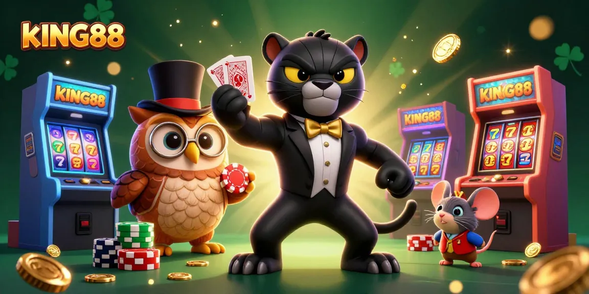 Engage with kING88 slots featuring vibrant 3D casino elements and playful characters.