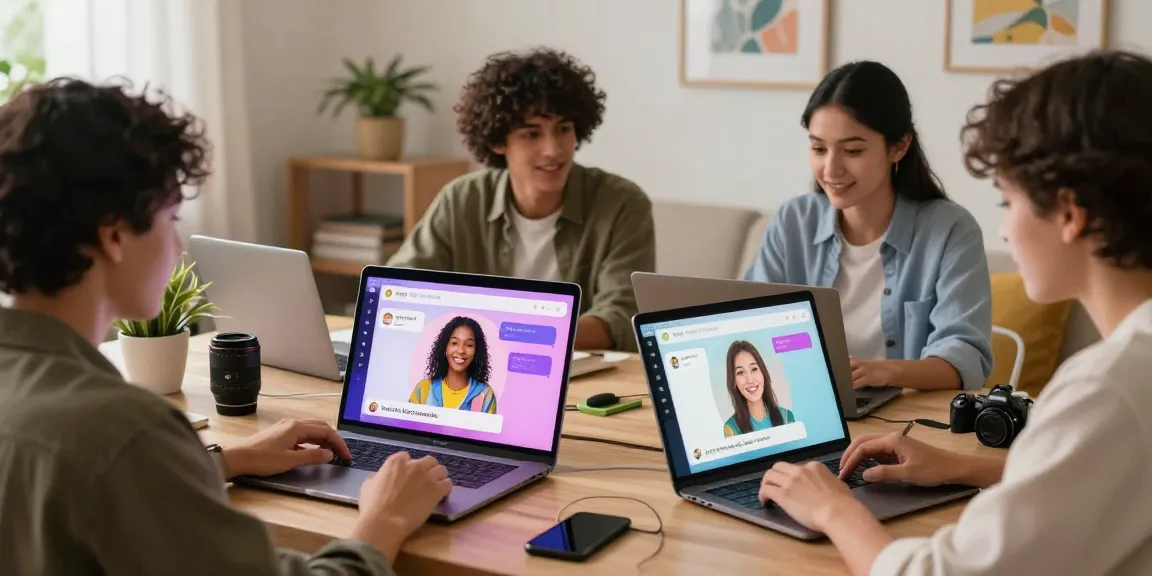 Engaging scene of users in AI chat NSFW interactions in a cozy workspace with multiple devices displayed.