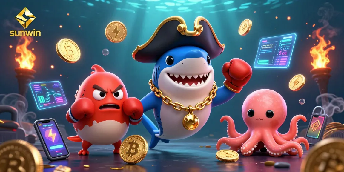 Win big at Sunwin with a fun underwater casino scene featuring a cartoon shark and pufferfish