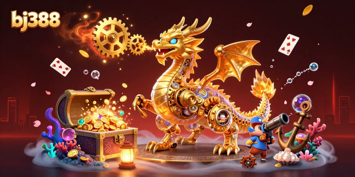 Engage in thrilling online gambling with BJ388, a vibrant 3D illustration showcasing a dynamic casino realm.