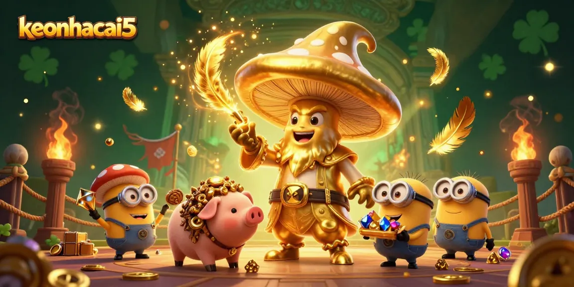 Bet on keonhacai5, a magical golden wizard and treasure-sniffing pig amidst a vibrant casino scene.