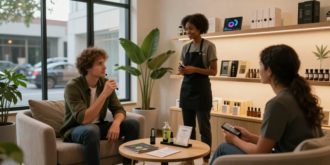 Cozy dispensary scene with a relaxed individual using THC pens, surrounded by cannabis products.