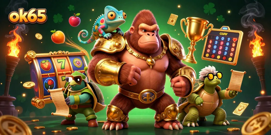 Experience the excitement of slot games with ok65 as a gorilla king and companions illuminate the casino scene.