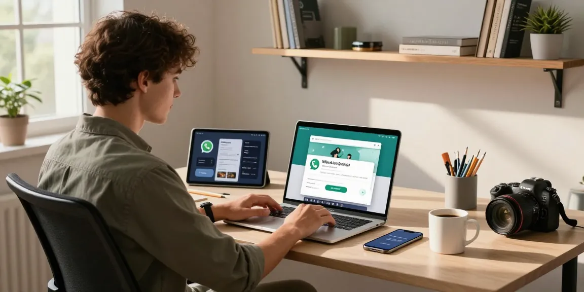 WhatsApp下載 on a laptop in a modern home office setup, showcasing productivity and technology.