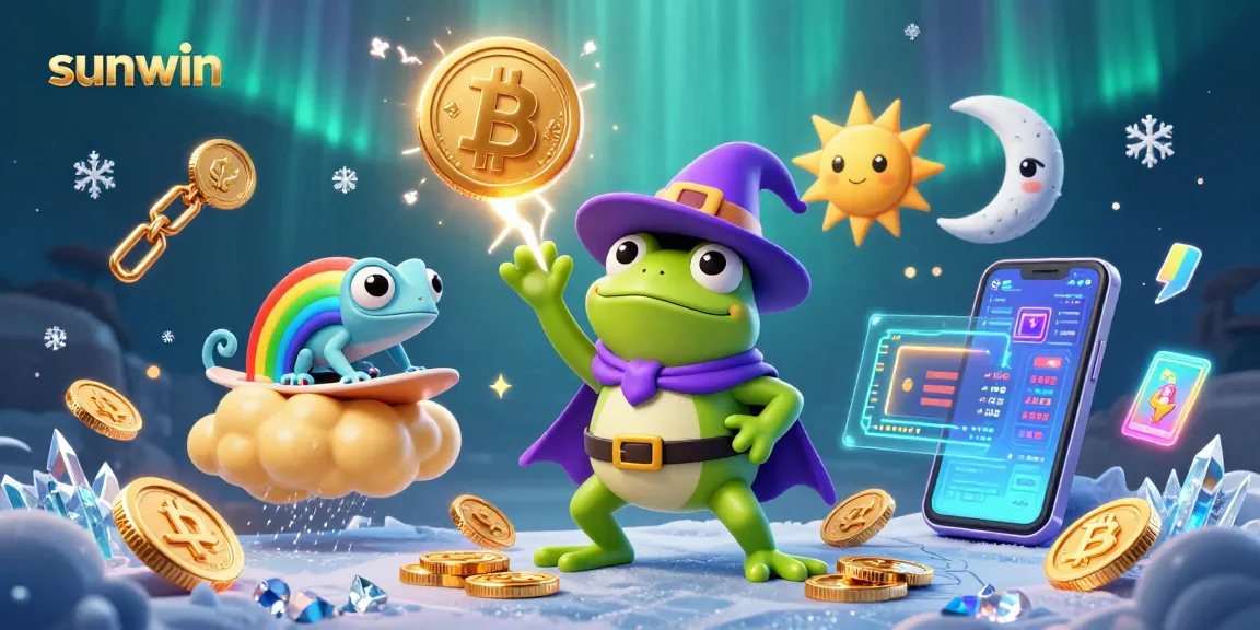 Win big with sunwin as the wizard frog conjures a storm of coins amidst vibrant gaming elements.