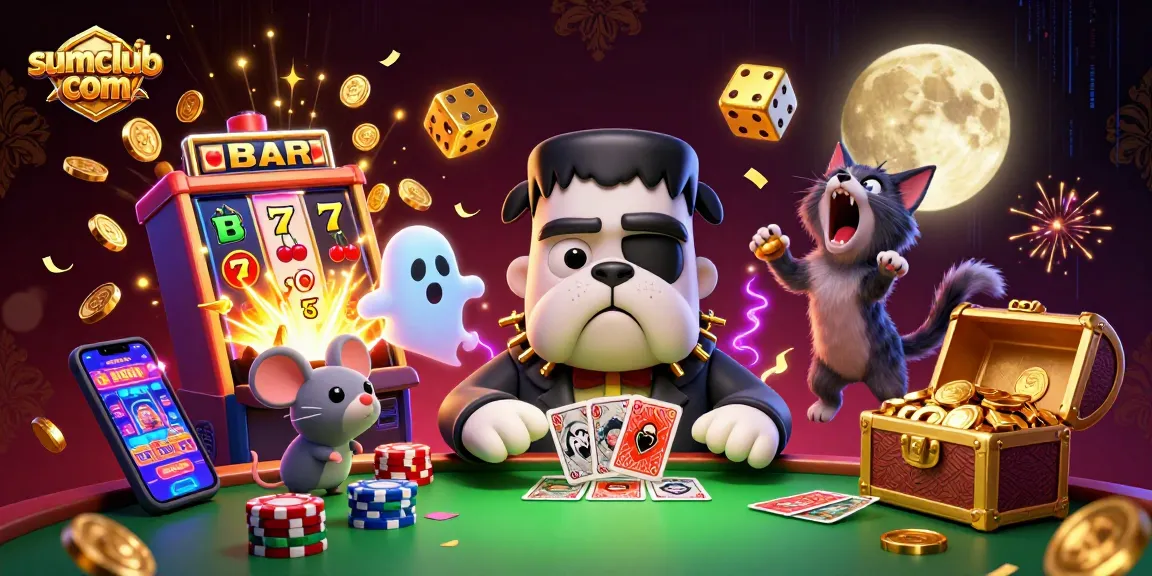 Sumclub com showcases a vibrant casino scene with a Frankenstein bulldog dealer, lucky slot symbols, and thrilling game action.