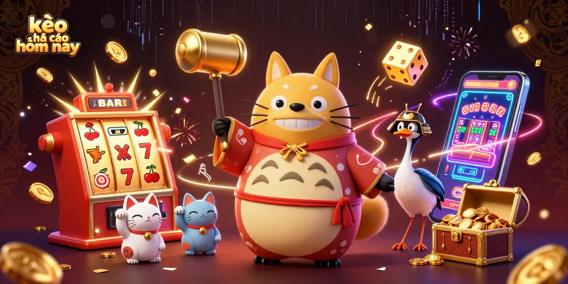 Win with kèo nhà cái hôm nay by exploring vibrant casino elements and lucky symbols in a dynamic, illustrated scene.