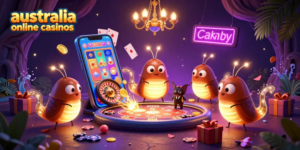 Engage with australia online casinos through a vibrant 3D illustration featuring glowworms and a bat dealer.