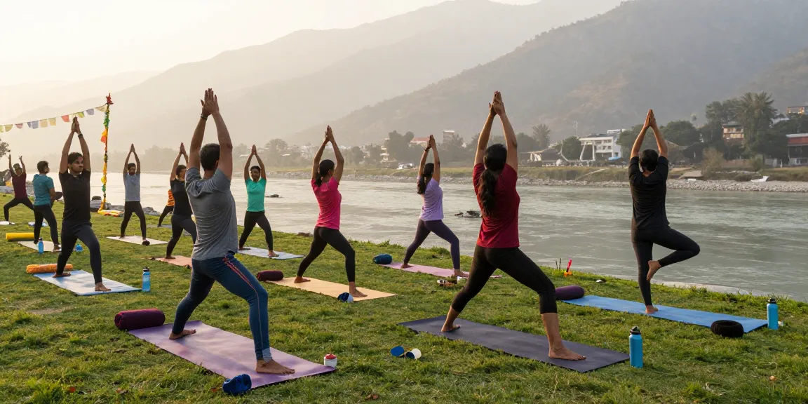 Yoga teacher training in Rishikesh India, with students practicing yoga along the Ganges River amidst the Himalayas, emphasizing wellness and serenity.