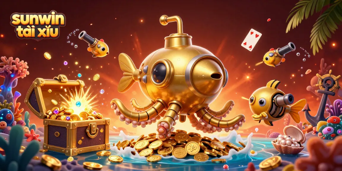 Experience sunwin tài xỉu with an exciting 3D illustration of a golden kraken submarine amidst treasures.