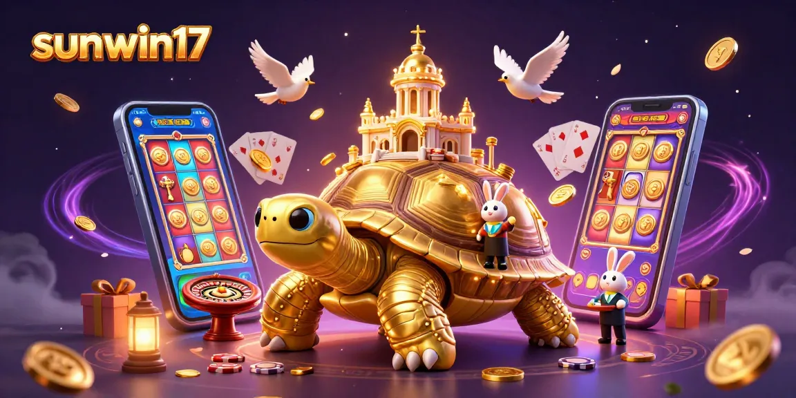 Experience the thrill of sunwin17 with a golden tortoise casino, rabbit dealer, and flying coins.