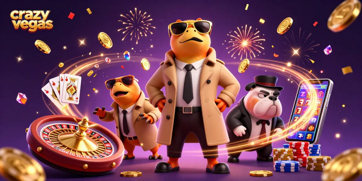 Cascading coins and vibrant games illustrate crazyvegas Bitcoin casino fun and excitement.