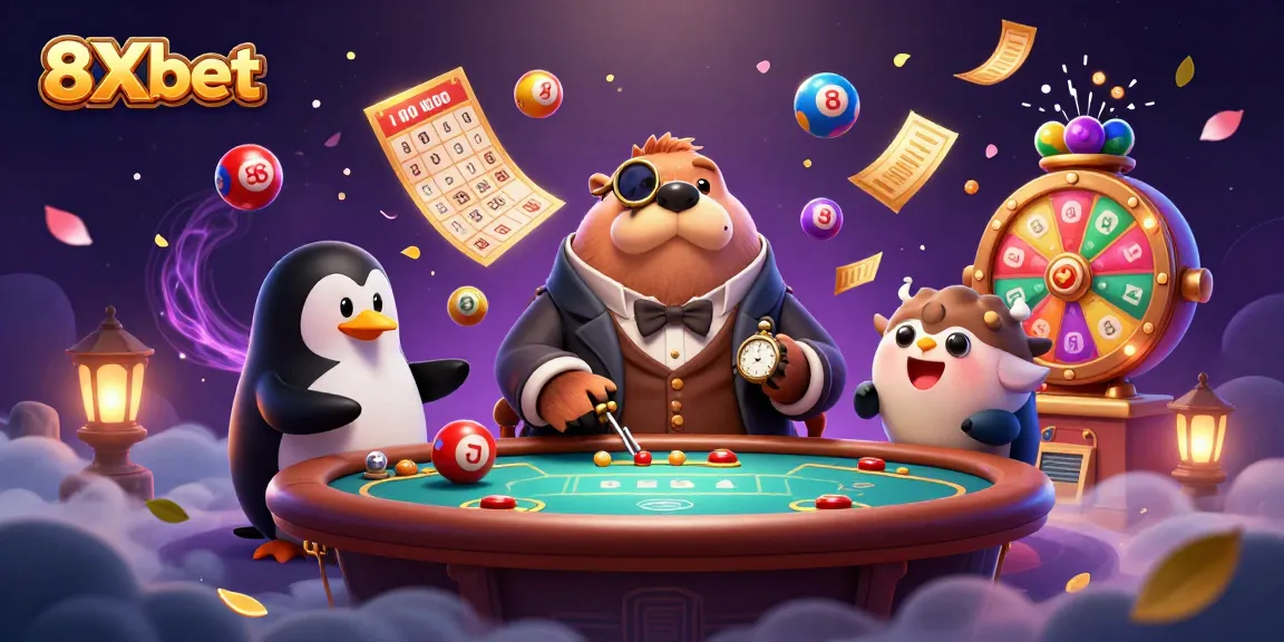 Engaging 8Xbet scene with walrus, penguin dealer, and pufferfish in a vibrant casino underwater setup.