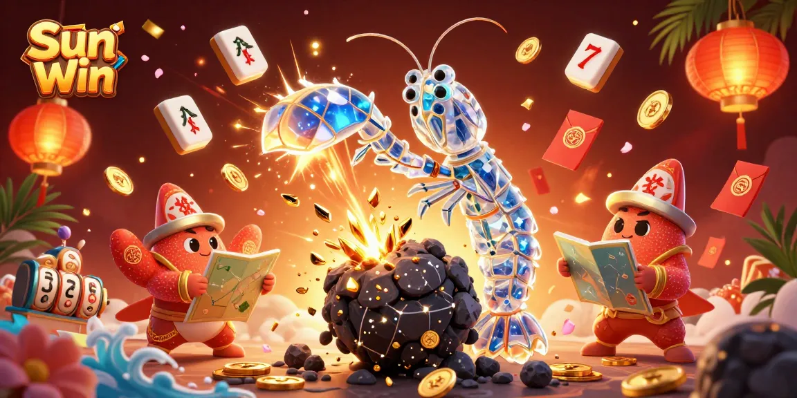 Sun Win galactic mantis shrimp winning coins and gems in a vibrant 3D casino scene