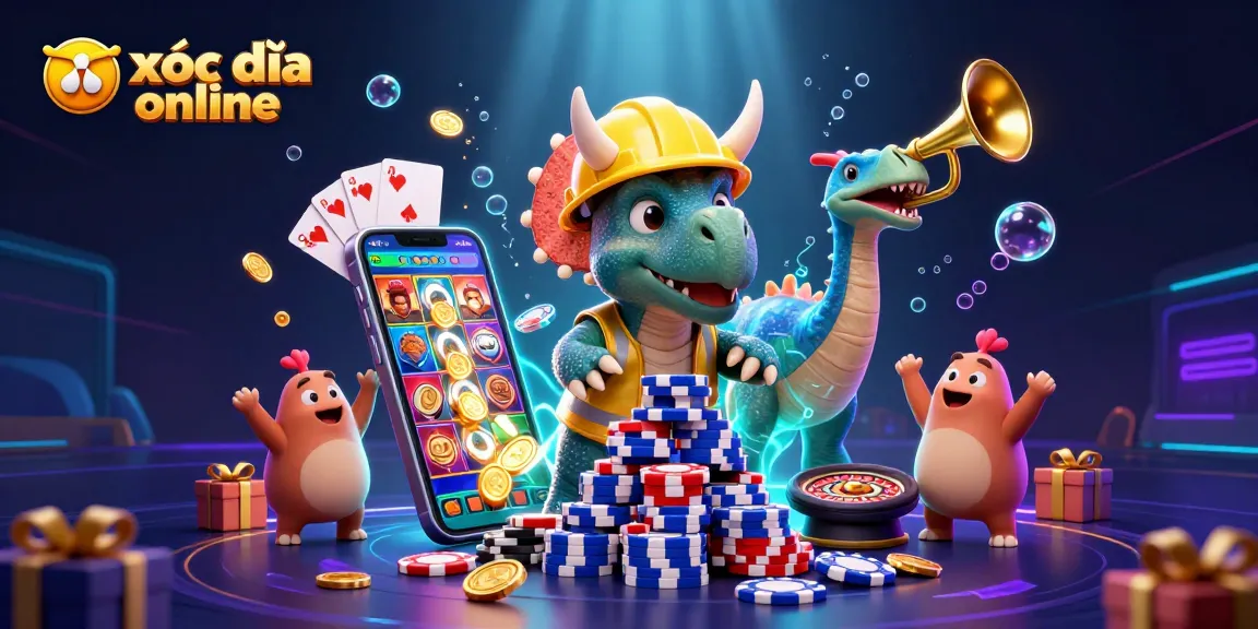 Engage in xóc đĩa online with a lively 3D illustration of dinosaurs and gaming elements.