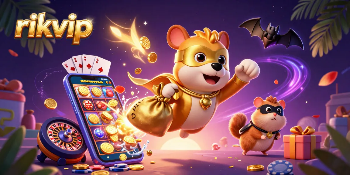 Engage in thrilling action with rikvip as the superhero dog soars with gold coins amidst dynamic casino elements.