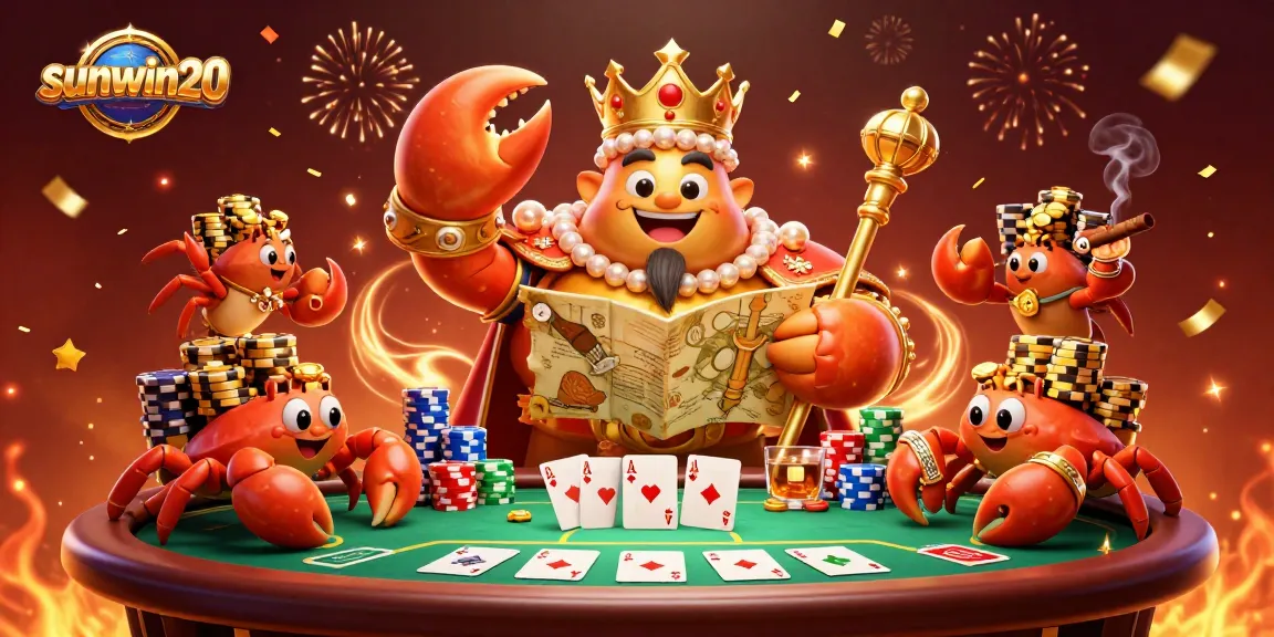 Experience the excitement of sunwin20 with a vibrant 3D casino scene showcasing a golden crab emperor and poker elements.