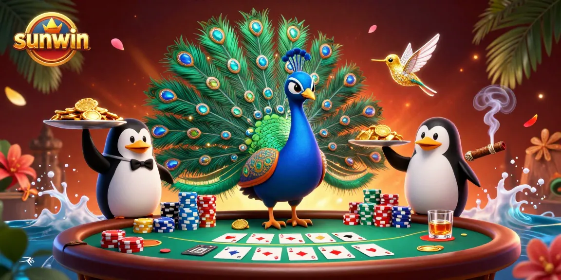 Experience thrilling poker action at sunwin with a lively peacock, penguin, and hummingbird in a rich casino scene.