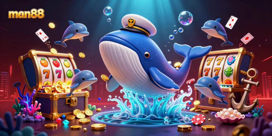 Experience man88's vibrant casino action with a lively 3D scene of a whale and playful dolphins amidst colorful slot elements.