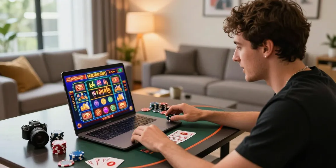 Exciting online casino Australia experience featuring an engaged player with vibrant slot graphics and poker elements.