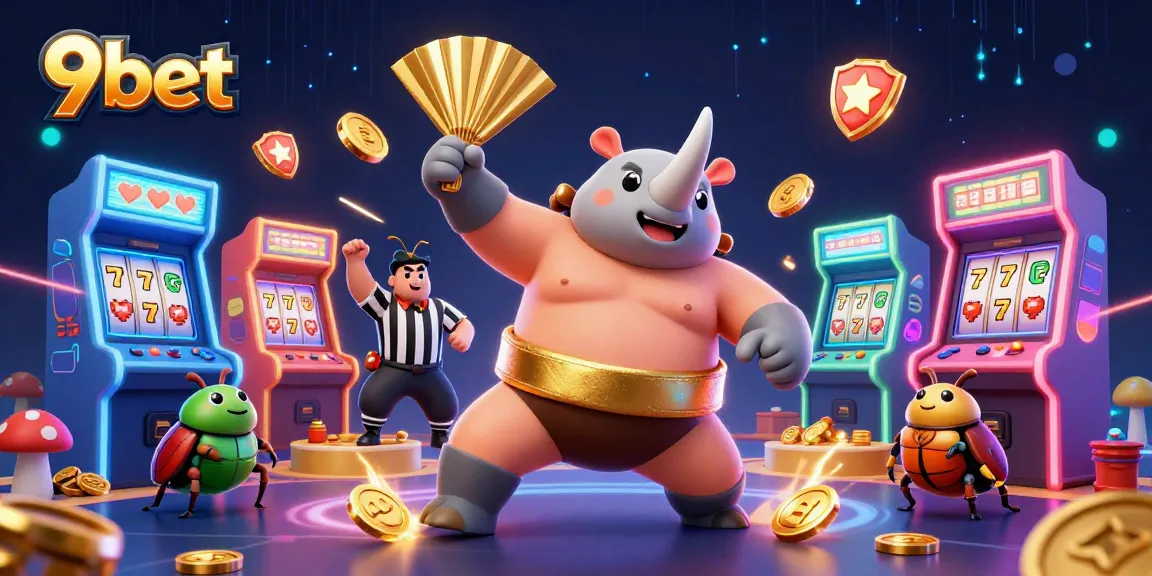 Experience the excitement of 9bet as a rhinoceros beetle sumo champion stomps coins in a vibrant casino scene.