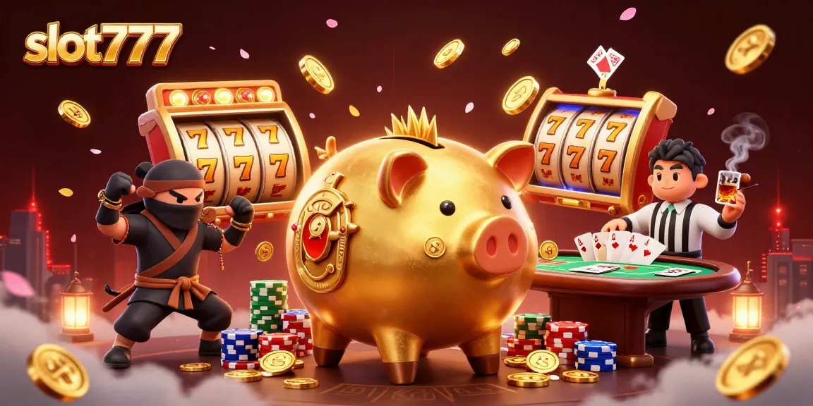 Experience the thrill of slot777 with a dynamic casino scene featuring a golden piggy bank sumo wrestler.