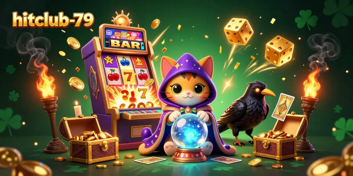 Experience excitement at hitclub-79 with vibrant casino elements bursting around mystical characters.
