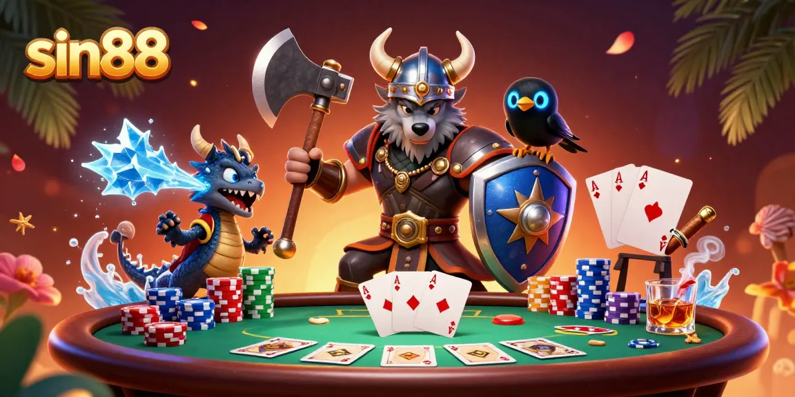 Experience thrilling poker action with sin88 featuring a Viking warrior, dragon, and vibrant casino elements.