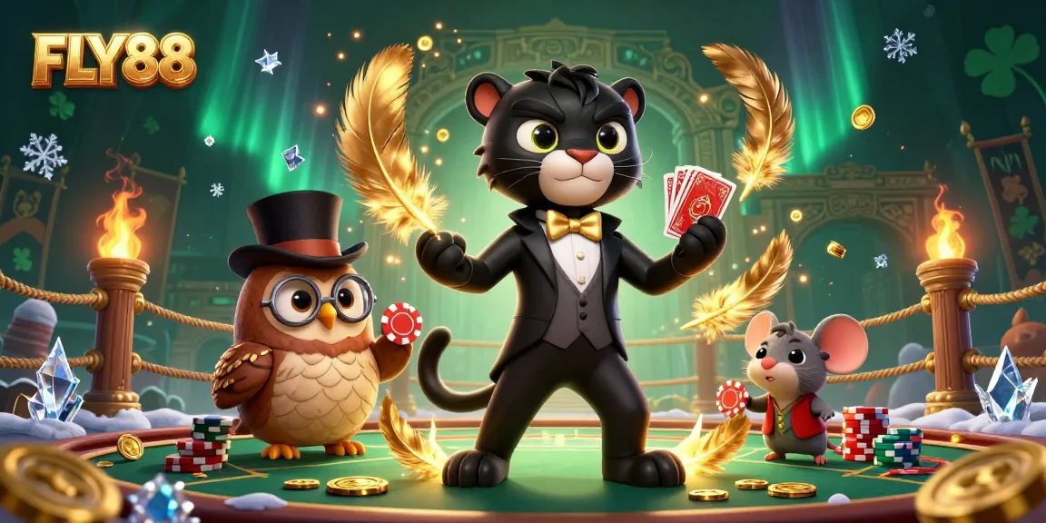 FLY88's vibrant online casino scene with a stylish panther, owl, and lucky mouse showcasing winning vibes.