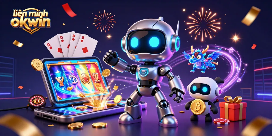 Win big with liên minh okwin in an exciting 3D casino scene full of vibrant game elements.
