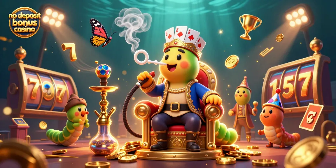 No deposit bonus casino scene featuring a whimsical caterpillar and slot reels among gambling elements.