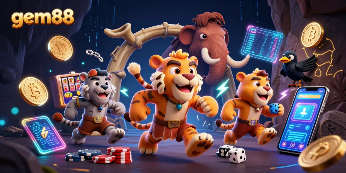 Experience gem88's thrilling prehistoric casino adventure with crypto elements and vibrant characters.
