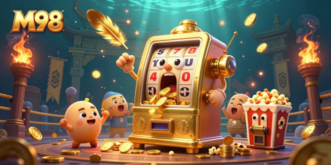 M98 slot machine celebrates a jackpot moment, surrounded by gold coins and cheering baby slots.