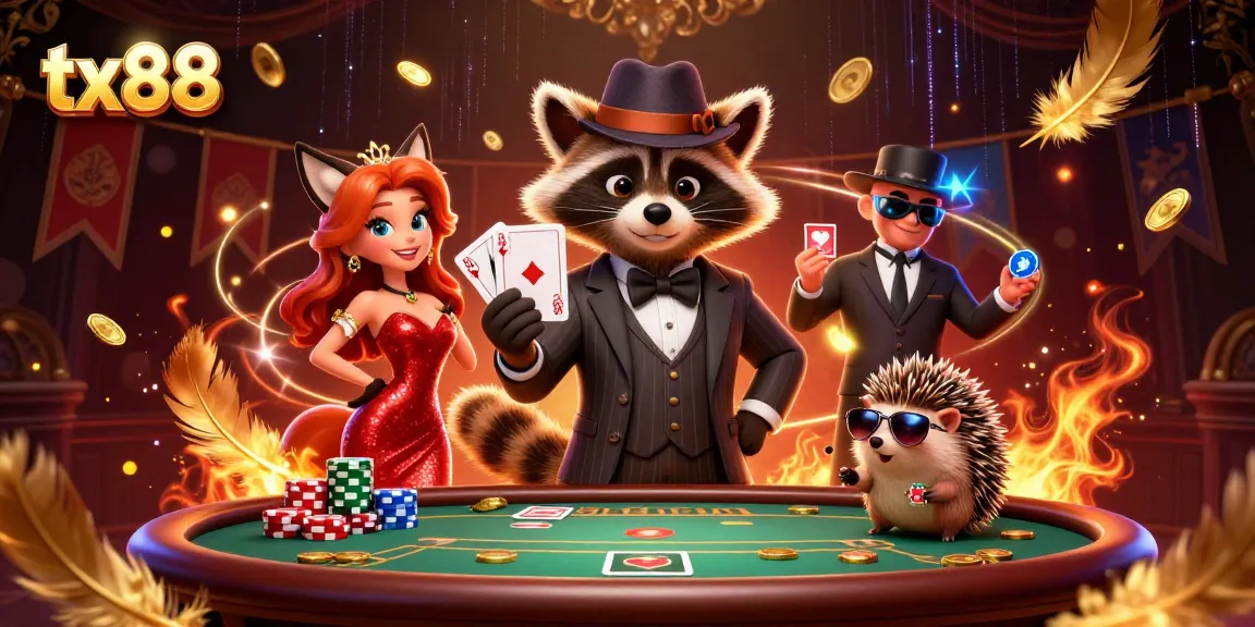 tx88 showcases a raccoon, fox, and hedgehog amidst a vibrant poker scene with gold coins.