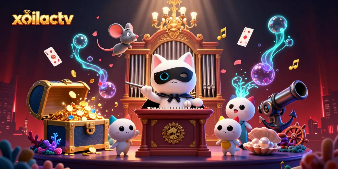 Engage with xoilactv as a phantom cat plays at a lavish casino organ, surrounded by treasures.