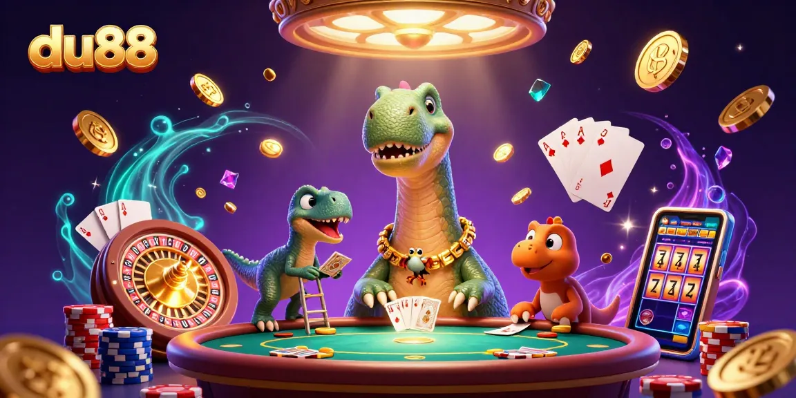 Experience thrilling gameplay at du88 with a giant brontosaurus dealing cards over a poker table.