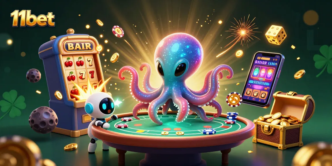 11bet showcases a thrilling scene with an alien octopus at a poker table surrounded by exploding jackpots and casino elements.