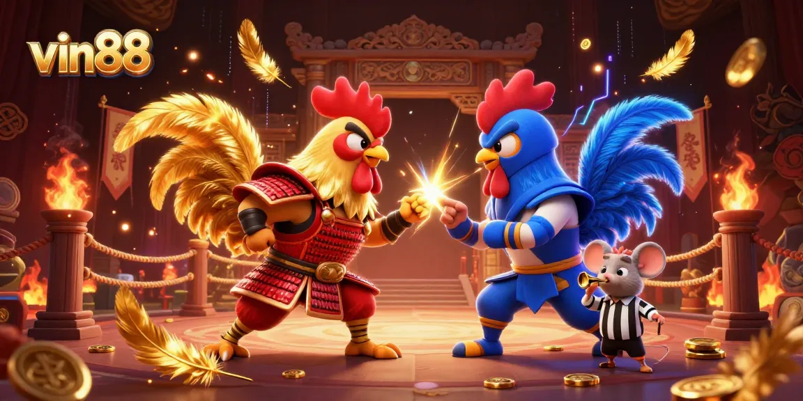 Engage in thrilling action with vin88's 3D cartoon fighting roosters in dynamic standoff.
