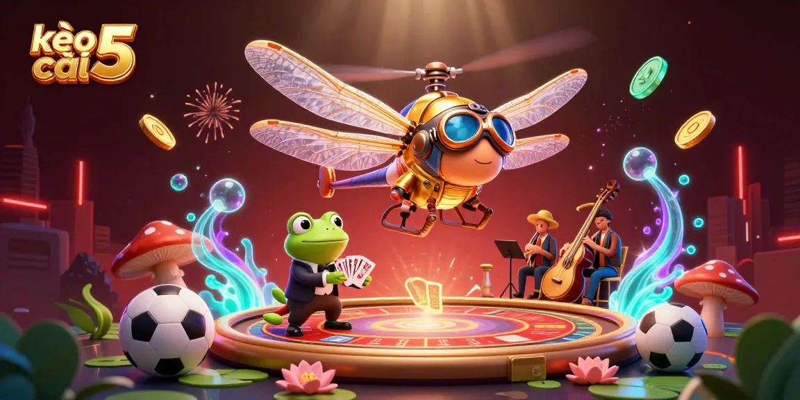 Play to win with kèo nhà cái 5 in this vibrant sports betting scene featuring a dragonfly pilot and frog croupier.
