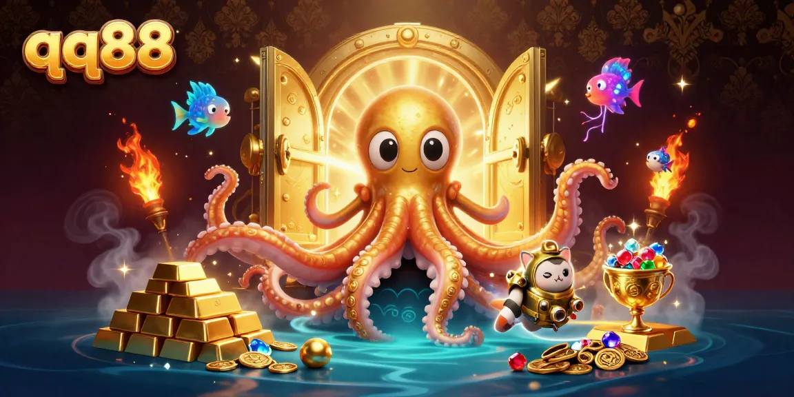 Experience the thrilling qq88 adventure with kraken and treasures in 3D casino illustration.